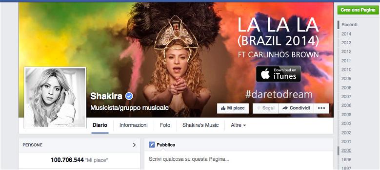 Shakira da record: 100 milioni di fan su Facebook