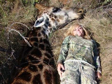 Cacciatrice in posa sorridente vicino alla giraffa morta: il web si infuria