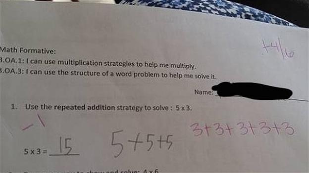 Riceve un brutto voto per aver scritto che 5×3 è uguale a 5+5+5