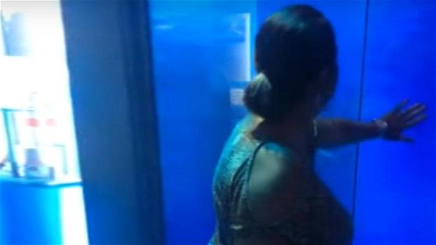 Donna tocca il vetro della vasca dello squalo. Quello che succede dopo è da brividi