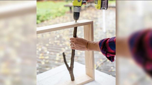 Inserisce dei rami in una cornice di legno. Un lavoretto fai da te da provare subito