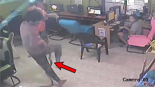 Il cliente di un internet café viene attaccato da un serpente. Ecco quel drammatico momento