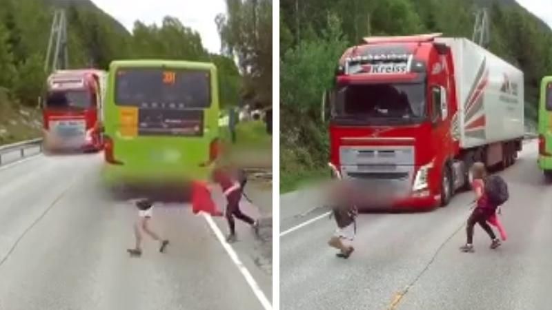 Scendono dal bus e non si accorgono dell’arrivo del camion: questi bambini sfuggono alla morte per un pelo