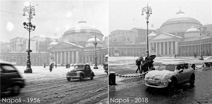 La magia di Napoli sotto la neve: una foto del 2018 e una del 1956 a confronto
