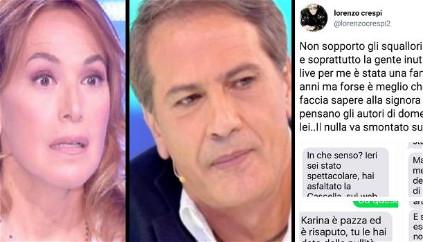 Domenica Live, Lorenzo Crespi spiazza tutti e pubblica sms privati degli autori: “Karina Cascella è pazza”