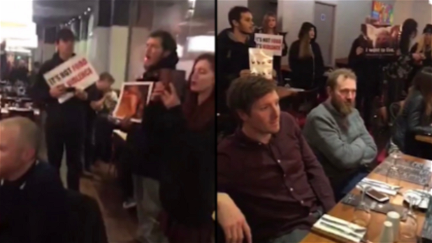 Gruppo di attivisti vegani entra in un ristorante e costringe i clienti ad ascoltare audio da un mattatoio