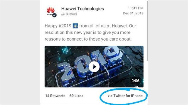 Huawei: puniti due dipendenti per aver inviato gli auguri di buon anno con iPhone su Twitter
