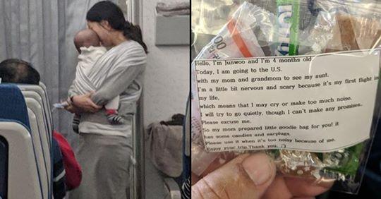 Mamma col figlio di 4 mesi in aereo regala tappi e caramelle a tutti: “Usateli per quando piangerà”