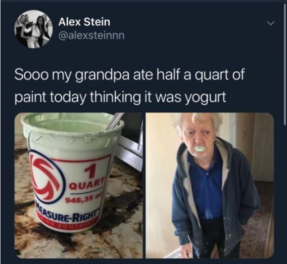 Nonno ingordo di yogurt: ne mangia mezzo barattolo, poi si accorge che è vernice