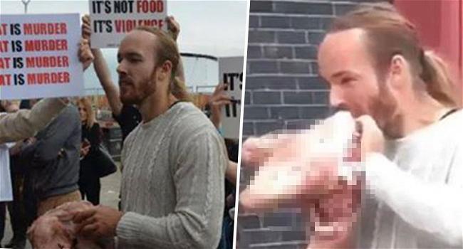 Mangia testa di maiale cruda al festival vegano, fermato dalla polizia
