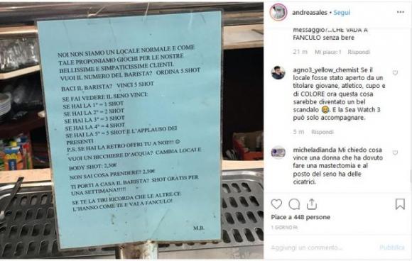 “Se fai vedere il seno bevi gratis”, il cartello shock in un bar di Treviso