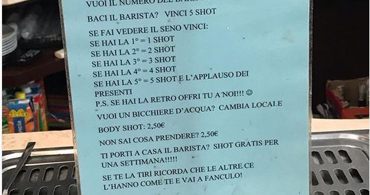 “Se fai vedere il seno bevi gratis”, il cartello shock in un bar di Treviso