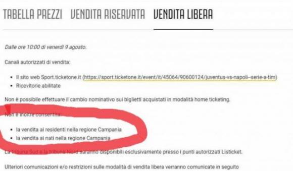Biglietti per Juve-Napoli vietati per i nati in Campania. Decisione della società torinese