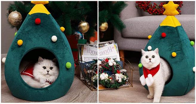 La cuccia per gatti ad albero di Natale è il regalo perfetto per i vostri animaletti