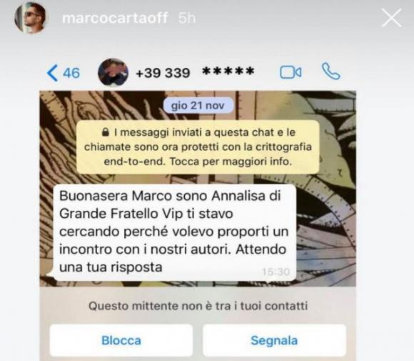 GF Vip, Signorini accusa Marco Carta: il cantante pubblica una chat privata per smentirlo