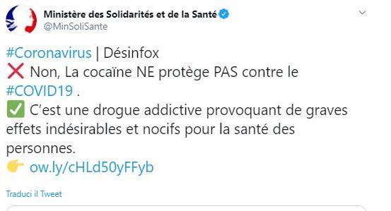 Il Ministero della Salute francese avverte: “La cocaina non è un rimedio contro il coronavirus”