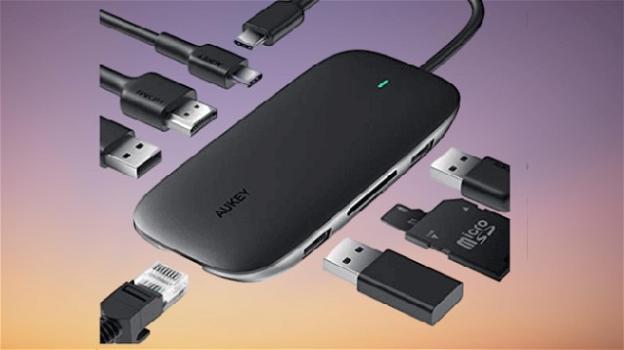 AUKEY CB-C71: hub multipresa con porte USB, Ethernet, USB C, lettore schede per computer e Macbook