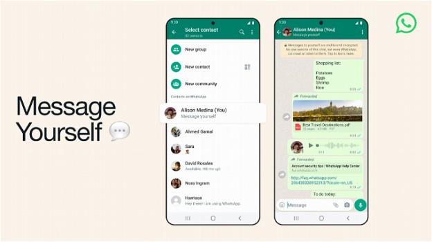 WhatsApp: in roll-out ufficiale la funzione per messaggiare con se stessi