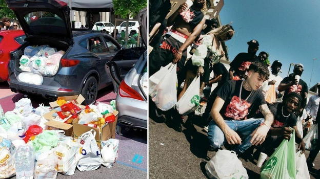 Il rapper Tony Boy riempie 4 auto di cibo per la mensa popolare: "Portate una busta della spesa e vi darò una maglietta"