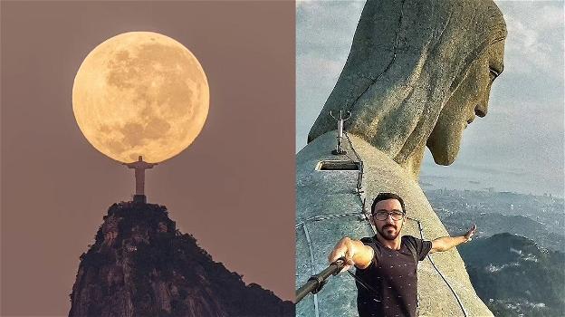 Il Cristo Redentore sorregge la luna, l’incredibile scatto di un fotografo brasiliano