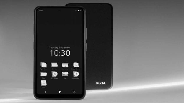 Punkt. MC02: smartphone in bianco e nero con focus sulla privacy