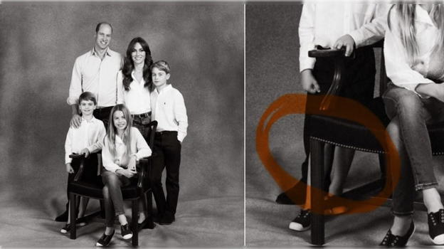 Nella foto di Natale di William e Kate un fotomontaggio cancella una gamba e un dito