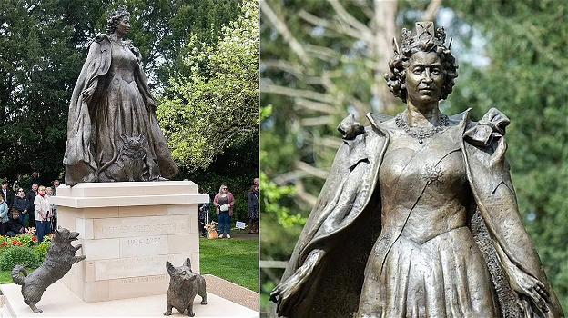 Prima statua memoriale della Regina Elisabetta, la monarca ritratta con gli amati corgi