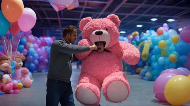 Incredibile alla Mostra Art of Play: uomo colpisce un orso gigante impersonato da un’attrice