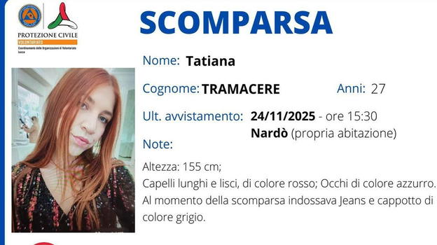 Scomparsa da giorni a Nardò: ricerche in corso per Tatiana Tramacere, 27 anni