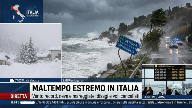 Maltempo estremo in Italia: vento record, neve e mareggiate provocano disagi e voli cancellati