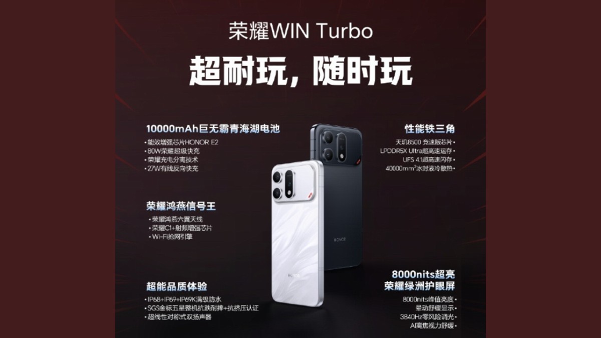 Honor WIN Turbo ufficiale: batteria enorme da 10.000 mAh, display OLED 120Hz e resistenza totale