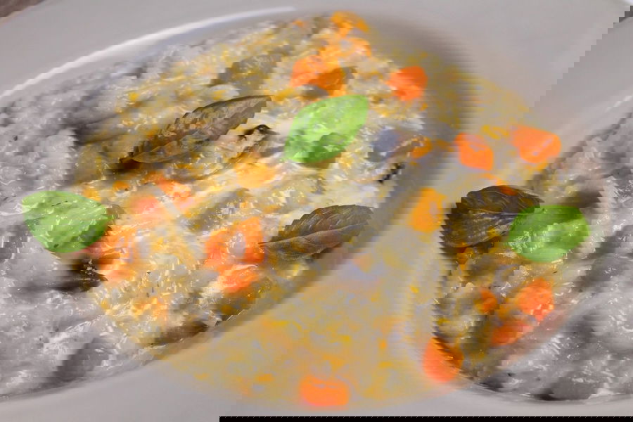 Risotto con zucca, funghi e gorgonzola dolce