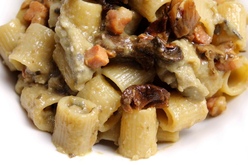 Mezzi rigatoni con crema di melanzane, funghi porcini e pancetta