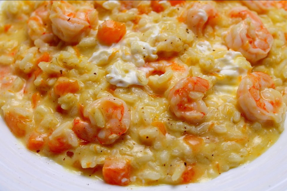 Risotto con zucca, mazzancolle e Philadelphia senza lattosio