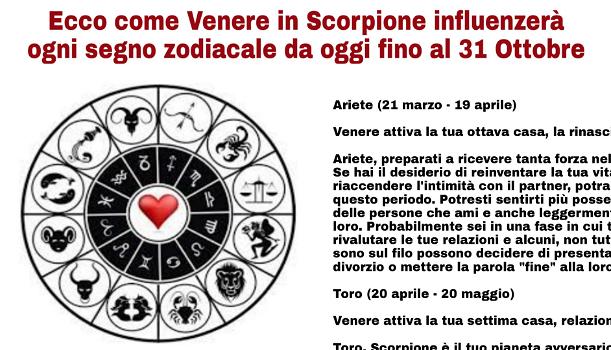 Ecco come Venere in Scorpione influenzerà ogni segno zodiacale da oggi fino al 31 Ottobre