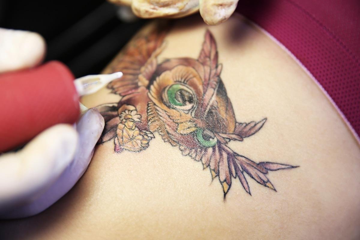 Un tatuatore disegna un gufo in stile cartoon
