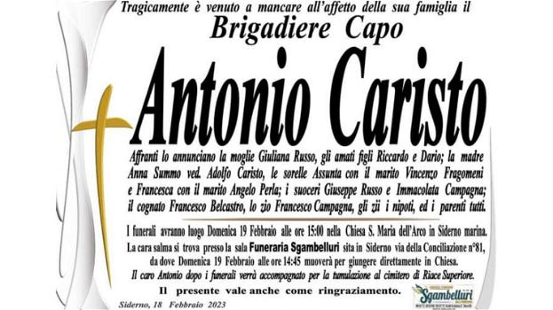 Non ce l’ha fatta, Antonio Caristo brigadiere dei Carabinieri è morto