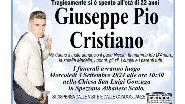 Addio a Giuseppe Pio Cristiano, è deceduto a soli 22 anni
