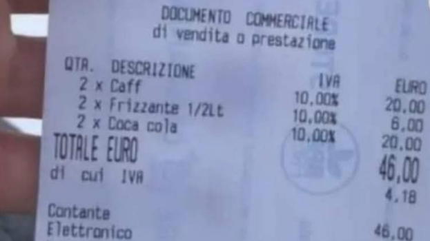 Italia, cliente pubblica scontrino: “È assurdo, un caffè 10 euro”