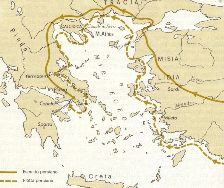 Il percorso dell'esercito greco e di quello persiano nel corso della seconda guerra persiana