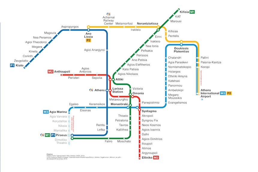 La mappa della metropolitana ateniese fornita da Wikipedia